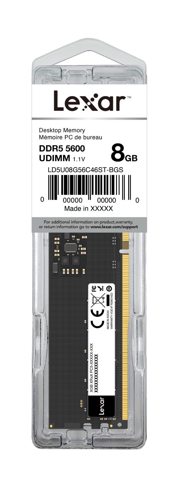 Lexar 8GB DDR5 5600 PC Memory CL46 UDIMM 288-Pin LD5U08G56C46ST-BGS Blister Pack