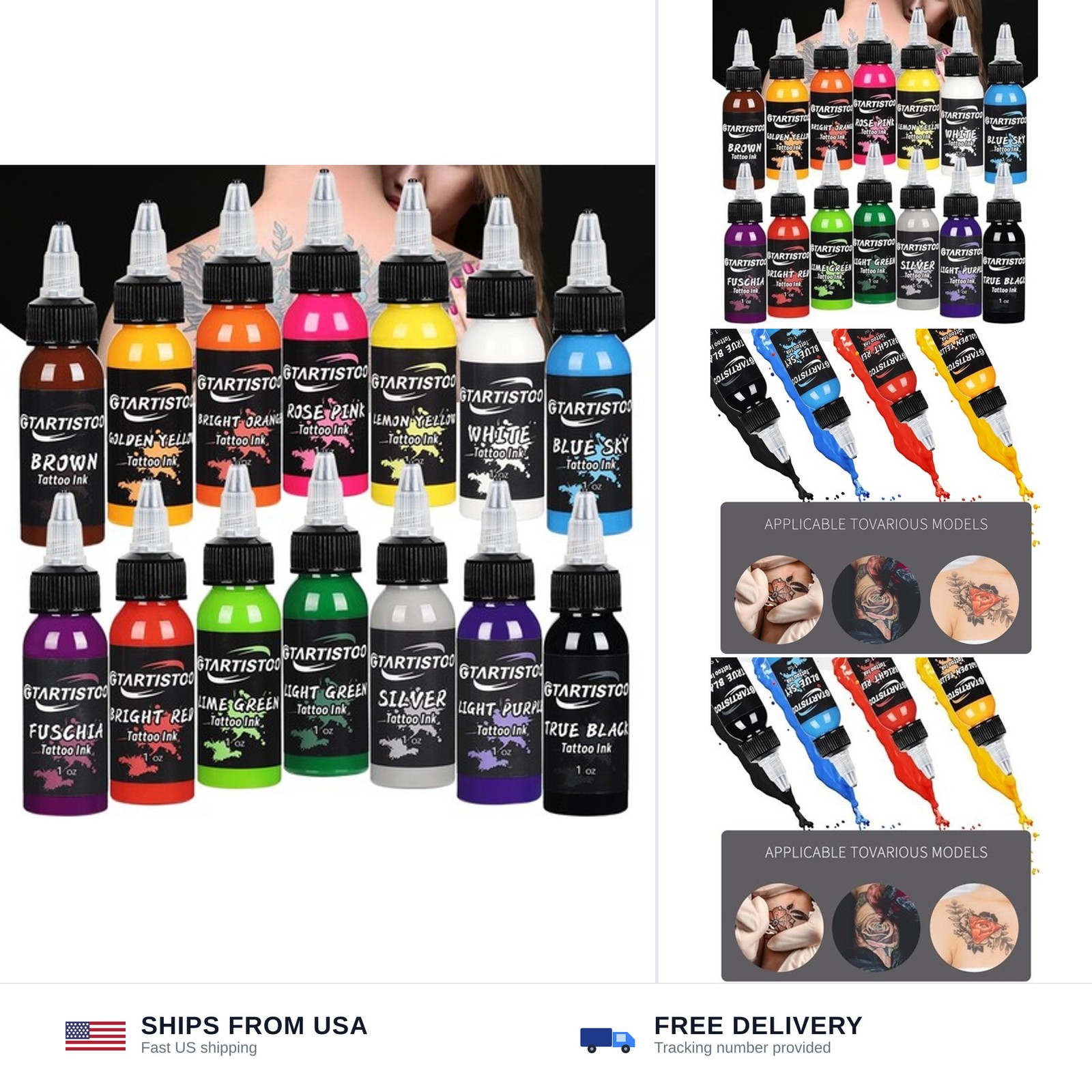 GTARTISTOO Professional Tattoo Ink Set 14 Colors 1OZ (30ml) Vegan-Friendly Pi...