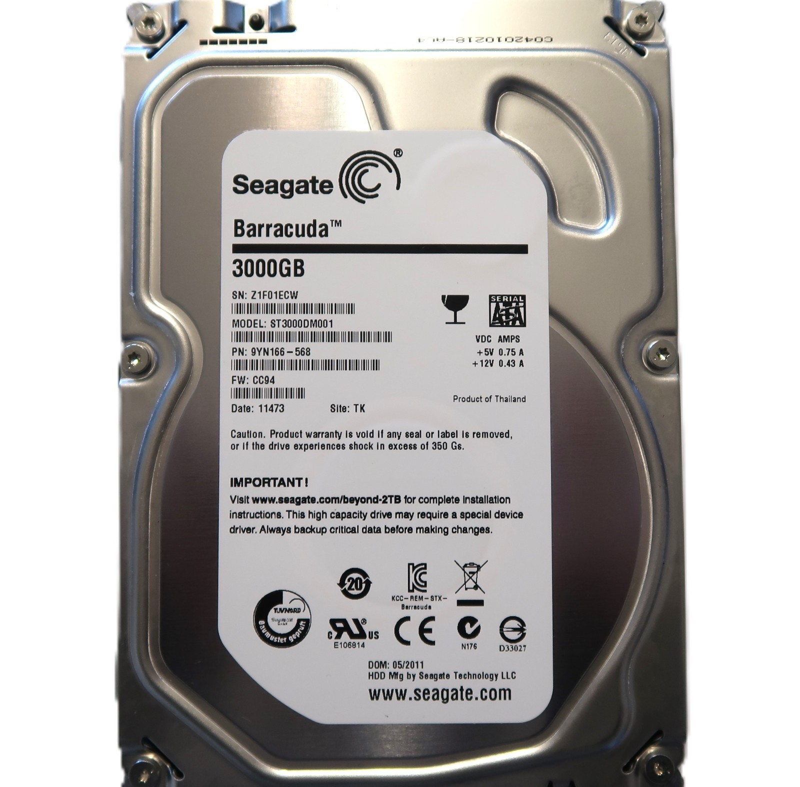 ST3000DM001 PN: 9YN166-568 FW: CC94 TK Thailand  (Z1F) 3000gb 3.5" Sata MAY/2011