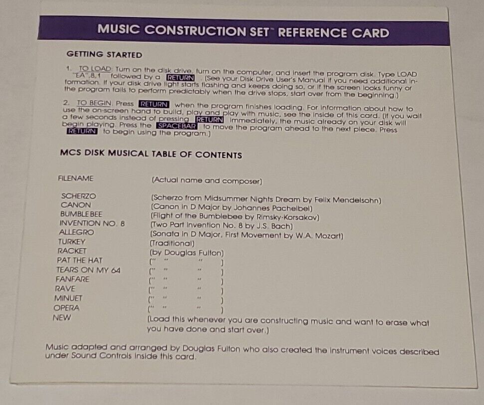 Music Construction Set Commodore 64/128 C64 REFERENCE CARD ONLY Vintage 1983