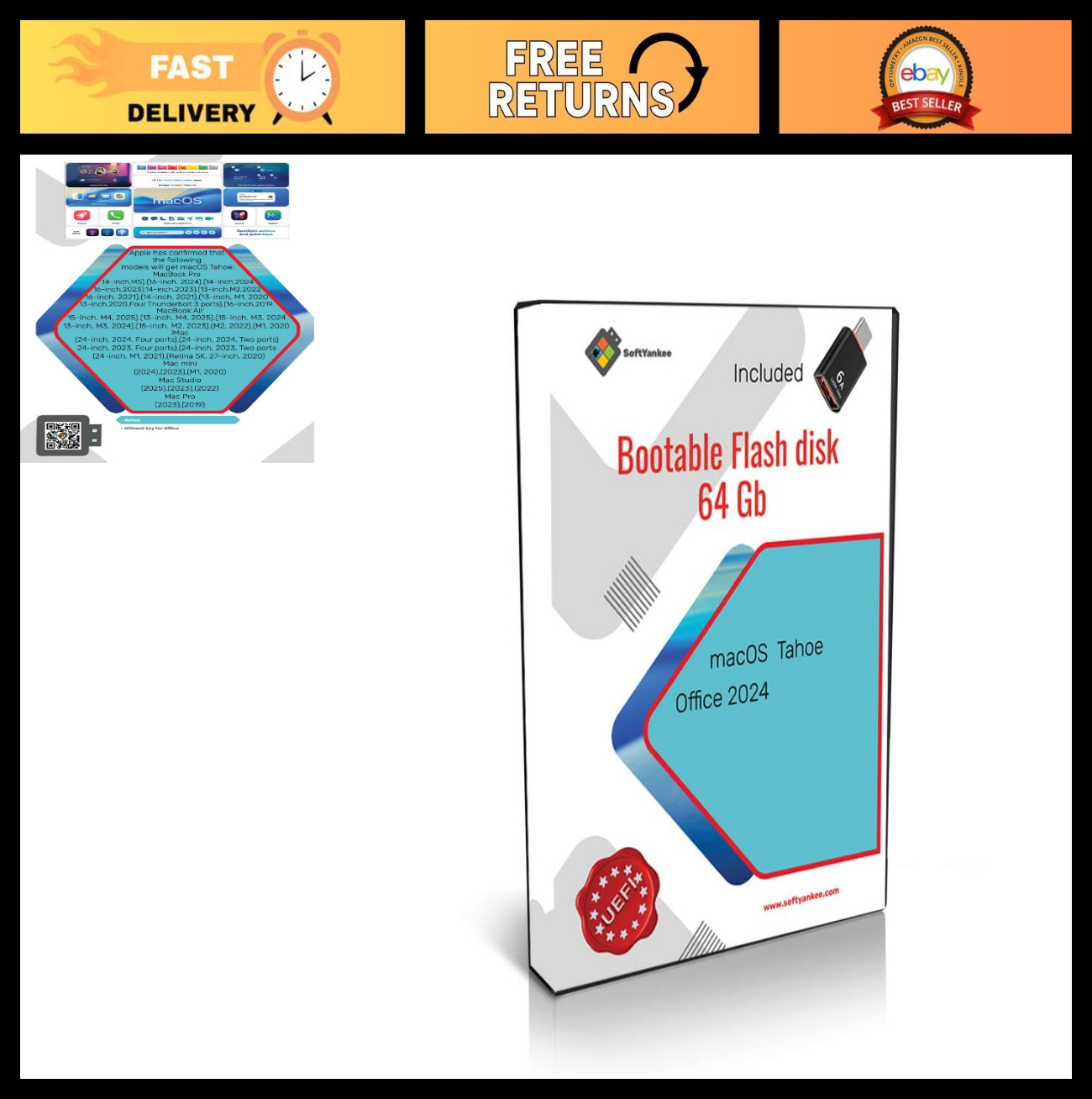 64GB Bootable USB Flash Drive for macOS Tahoe & Office 2024 - High-Speed Storage