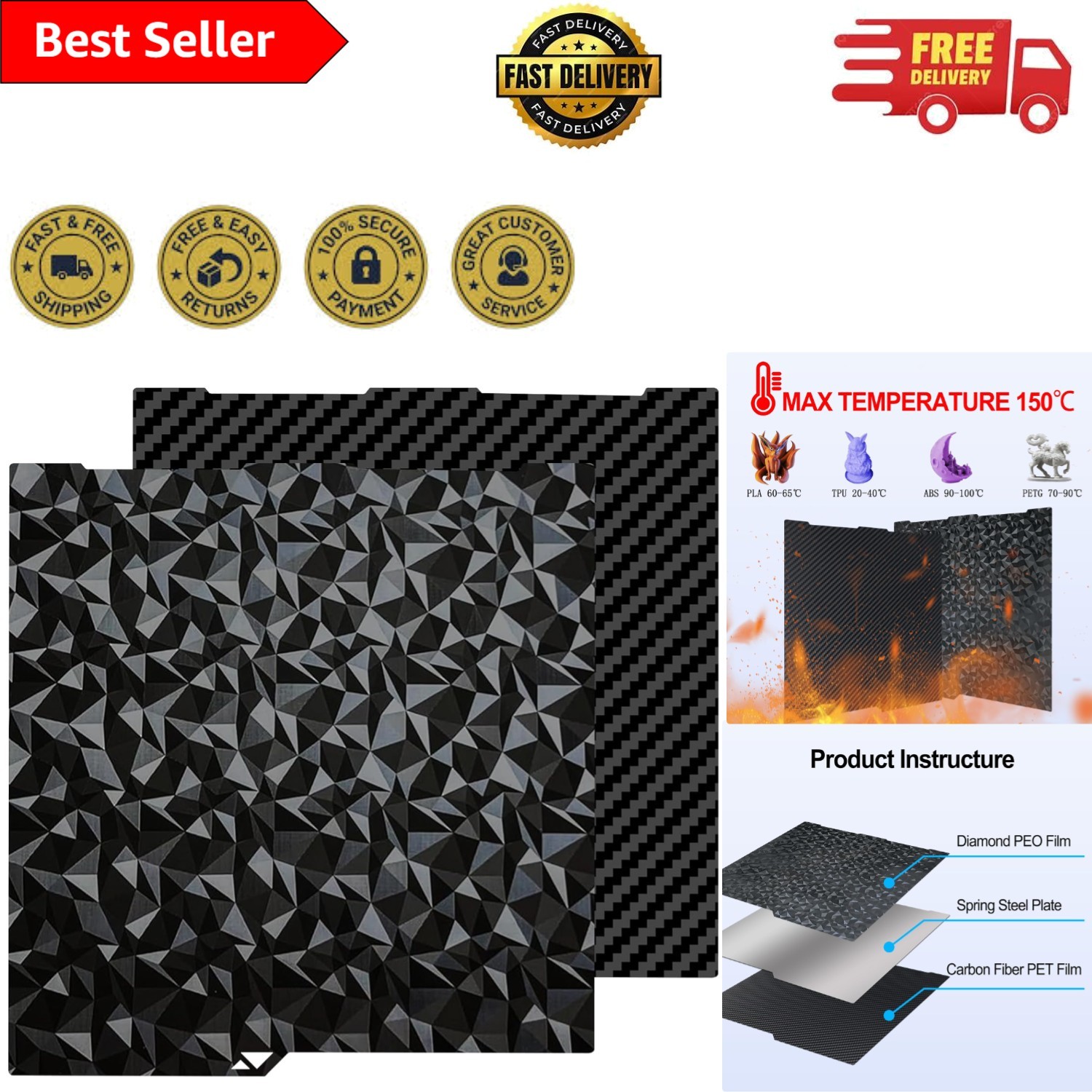 Smooth Diamond PEO Carbon Fiber Build Plate for Anycubic 3D Printers