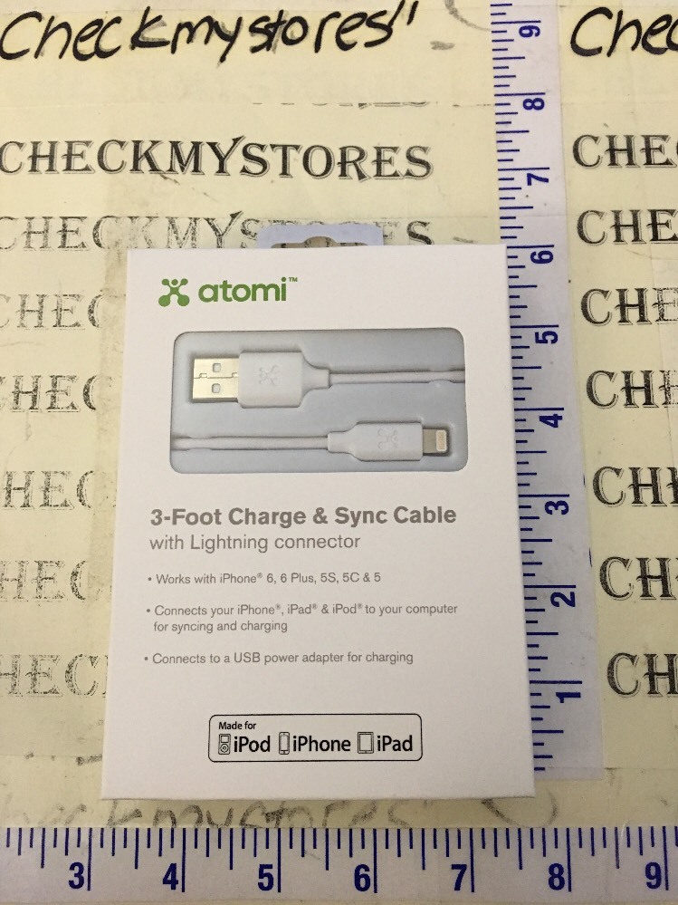 New 1 Atomi Lightning Cable for iPhone iPod iPad Apple Devices white 3-Foot Wht