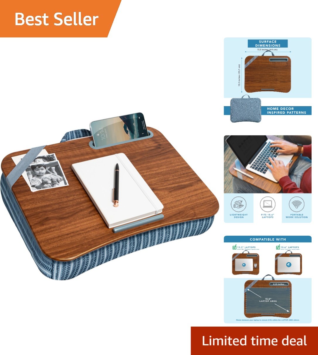 Portable Arrow Stripes Lap Desk with Built-in Phone Slot & Cushion – 15.6” Fit