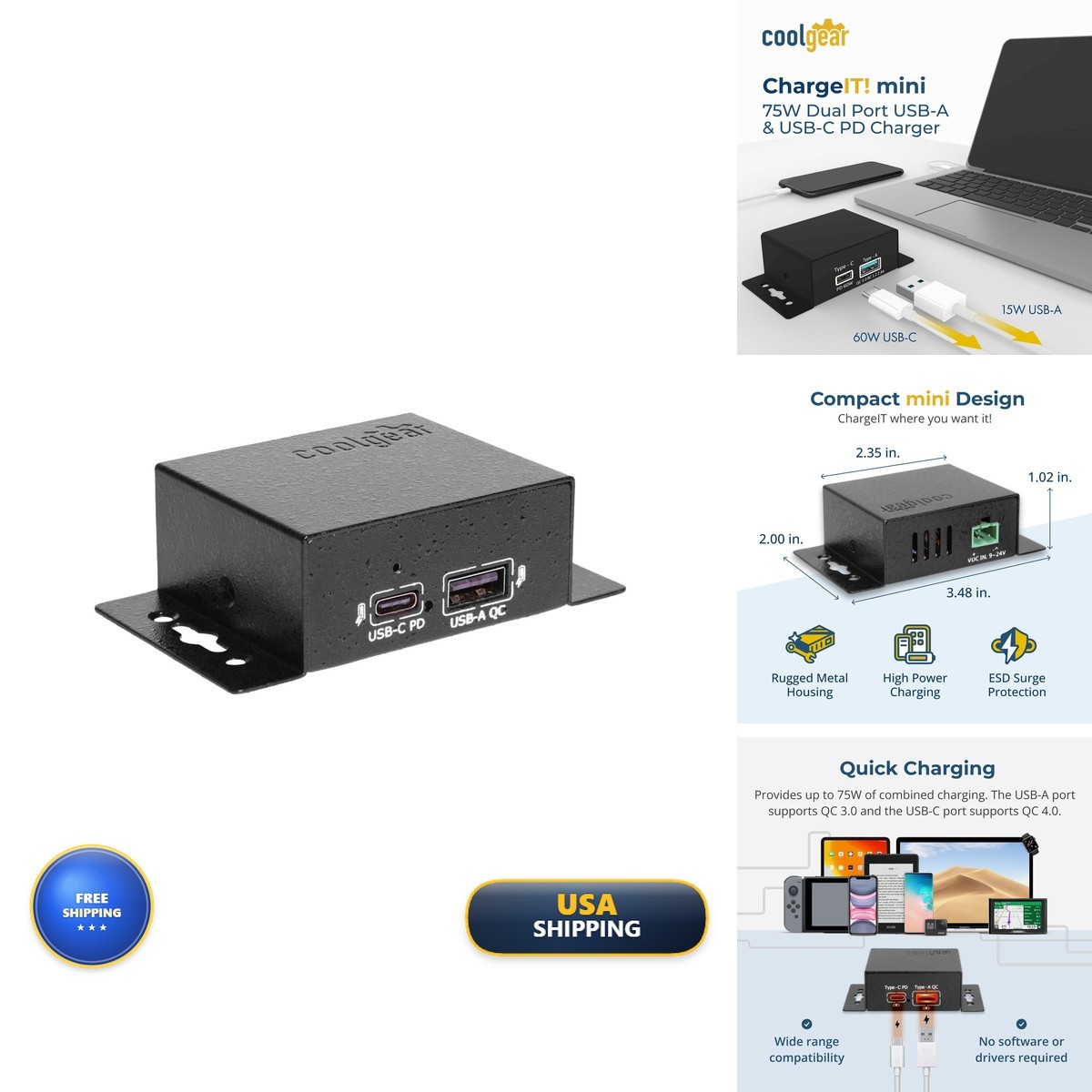 Coolgear CG-PD60PPS 75W Dual Port USB-A USB-C PD Charger QC 4.0 PPS Industrial