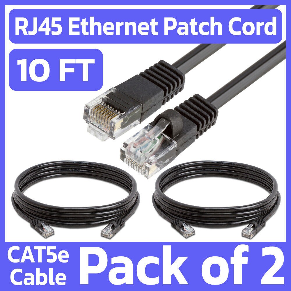 2 Pack Black Cat5e RJ45 Ethernet Patch Cord 10ft Internet Wire LAN Network Cable