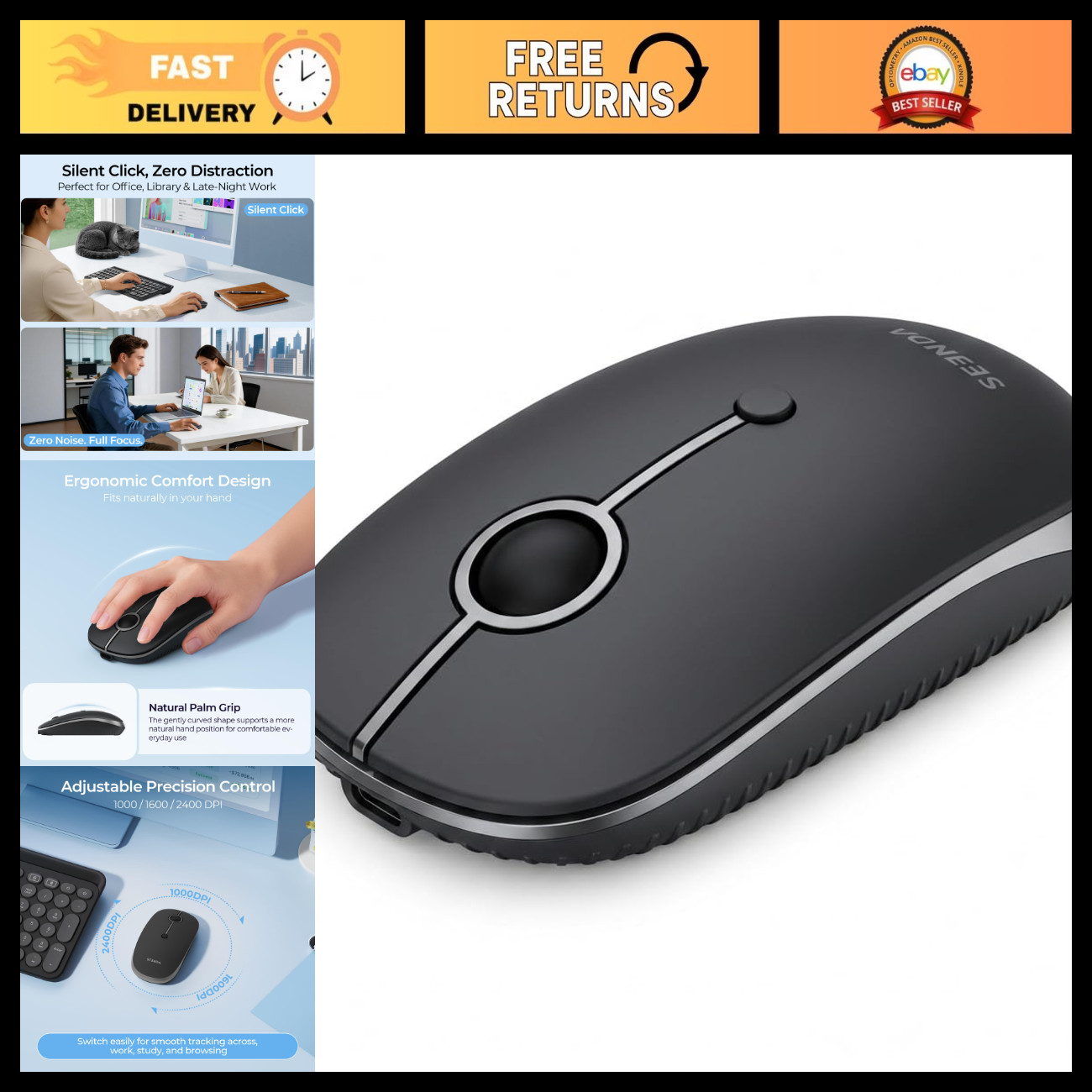 Wireless Bluetooth Mouse for Laptop, Slim Ergonomic Computer Mice, Black
