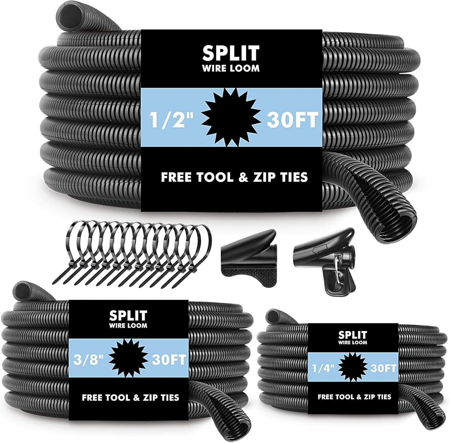 "Automotive Wire Loom Kit, Flame Retardant Split Tubing 1/4"", 3/8"", 1/2"" x...