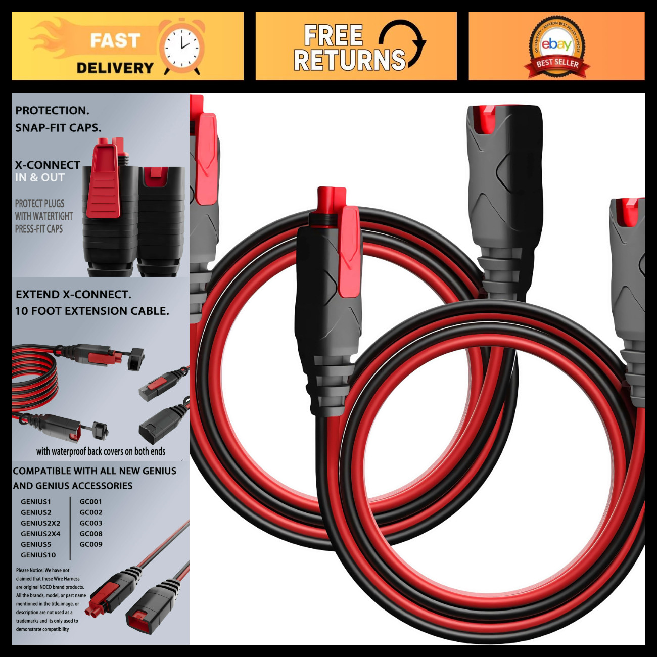 10.5ft Extension Cable for NOCO Battery Charger - 2 Pack, X-Connect Accessory