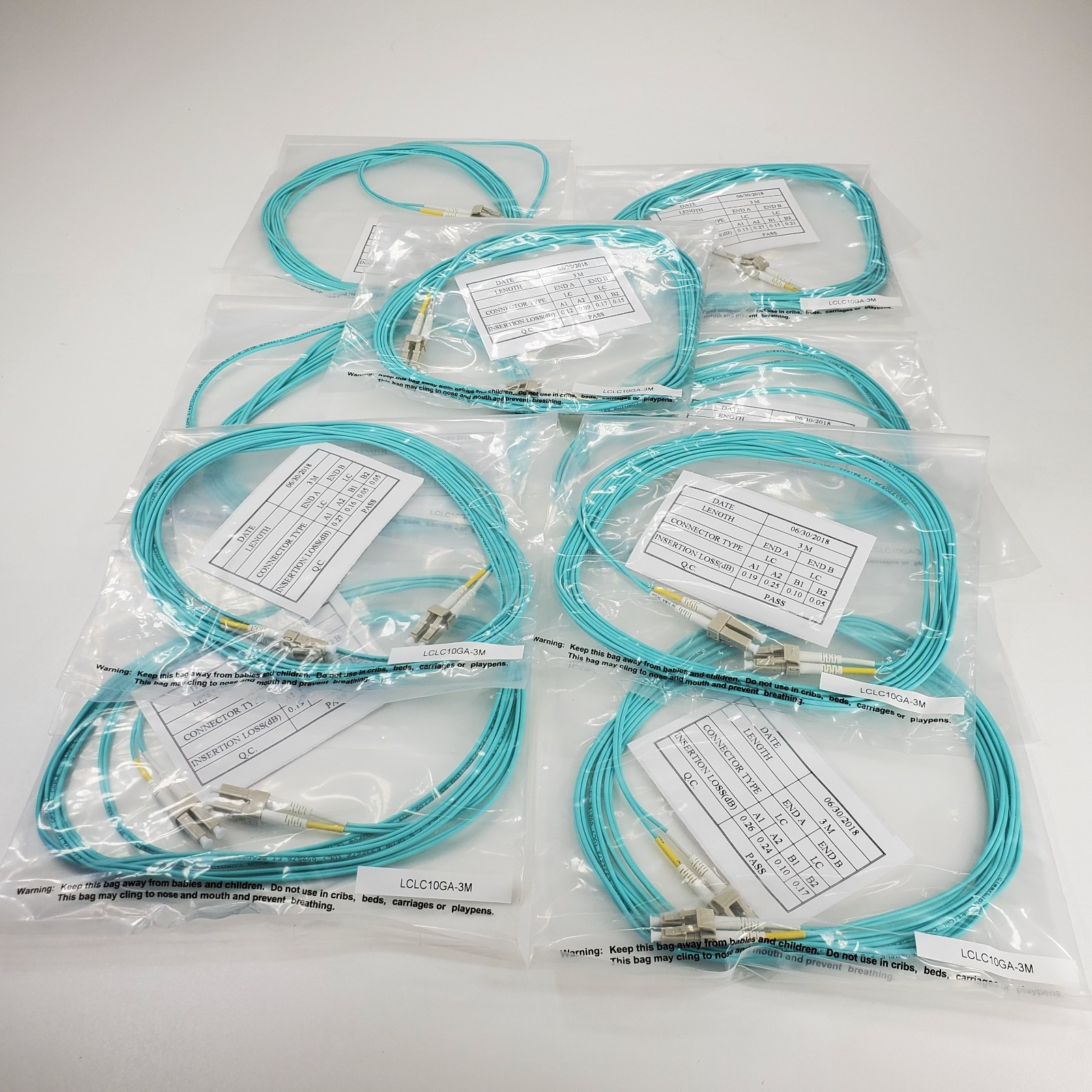 Lot of 9 - 3 Meter 3M LC‑LC UPC Single‑Mode Fiber Optic Cable (9/125 µm Simplex)