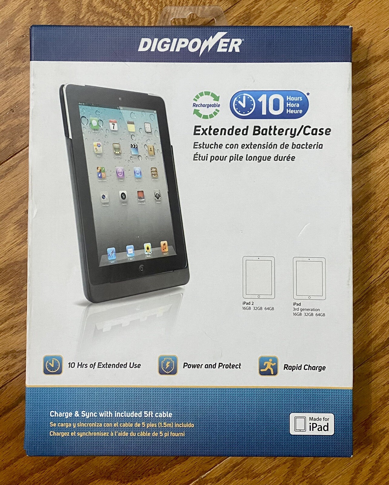 DigiPower Extended Battery Protective Case for iPad 2 & iPad 3rd Gen 5ft cable.