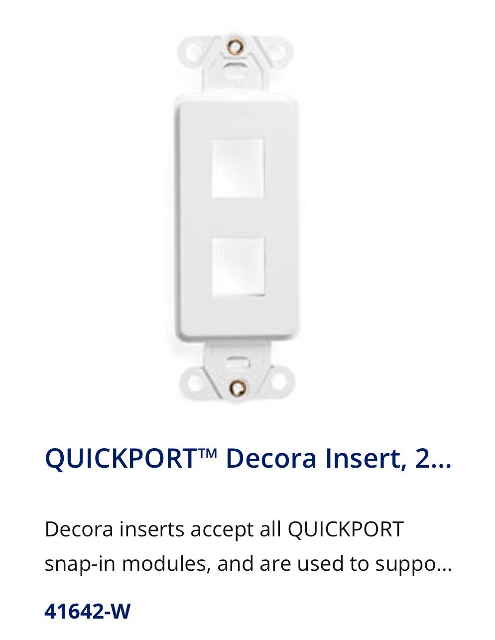 Leviton CAT 41642-W Quickport Decora Insert 2 Port White