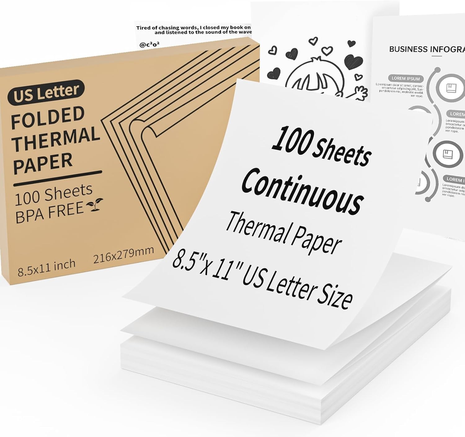 Continuous Thermal Printer Paper 8.5" x 11" US Letter Size