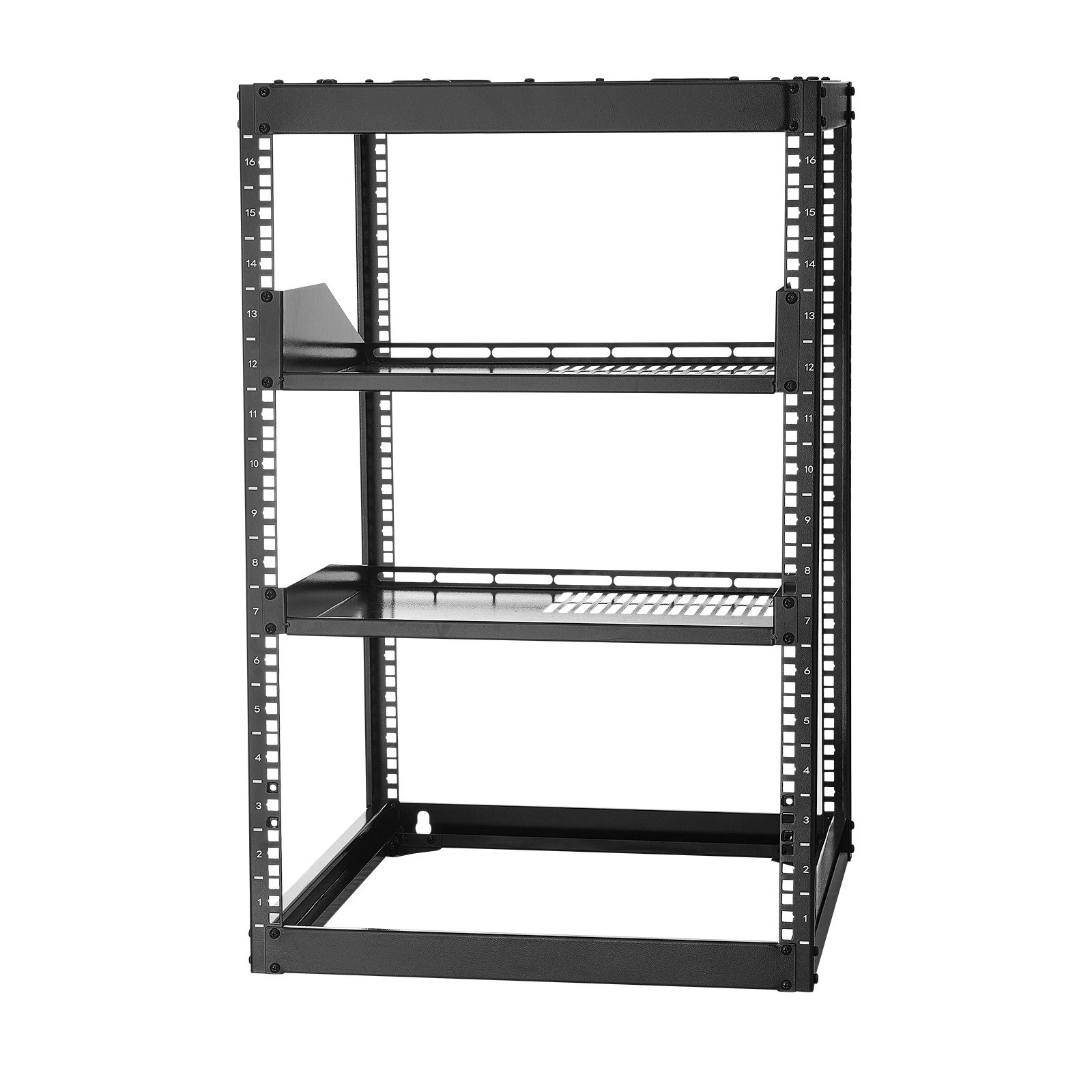 16U Open Frame Wall-Mount Server Rack with Shelves and 4-Post Design