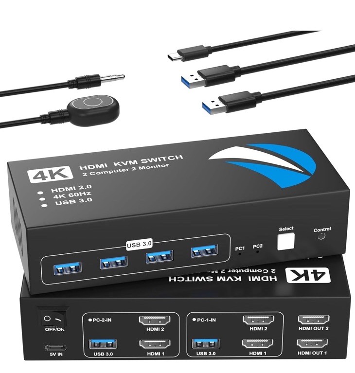 HDMI Dual Monitor KVM Switch 2 Monitors 2 Computers 4K@60Hz USB 3.0 KVM Switches