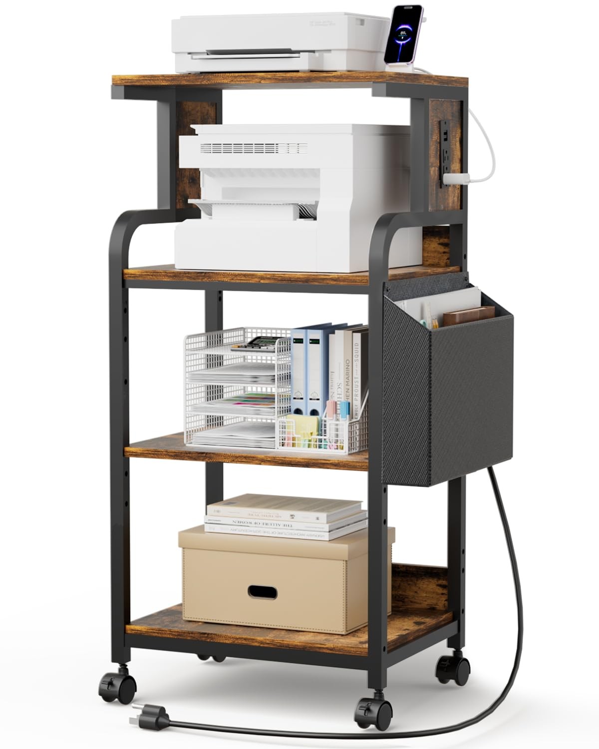 Tall Printer Stand with Charging Station, 4-Tier Mobile Printers Cart