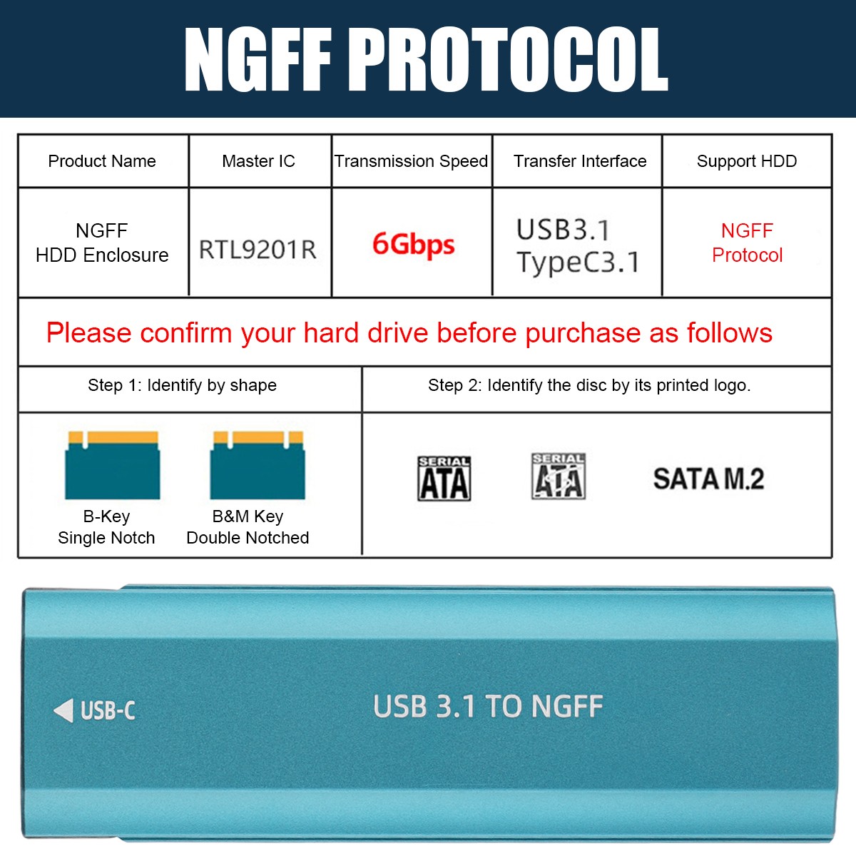 M.2 NGFF NVME SSD SATA to USB 3.2 Type-C Enclosure Case Converter Adapter UASP