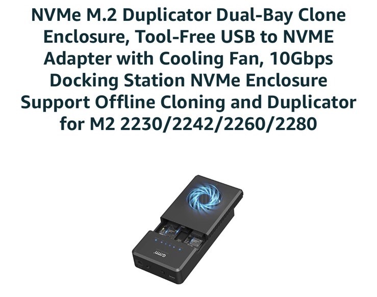 NVMe M.2 Duplicator Dual-Bay Offline Clone Tool-Free, 10Gbps NVMe Docking