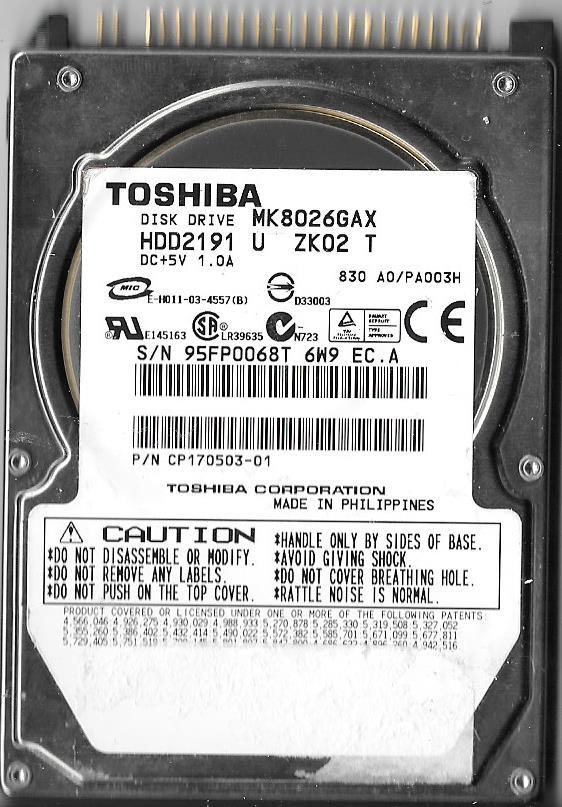 TOSHIBA MK8026GAX HDD2191 U ZK02 T 80GB IDE HARD DRIVE  A0/PA003H FOR PARTS