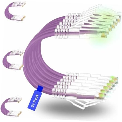 Rapink Patch Cables Cat6/ Cat6a 1ft (24 Pack) Slim, Cat6a Ethernet 1FT Purple
