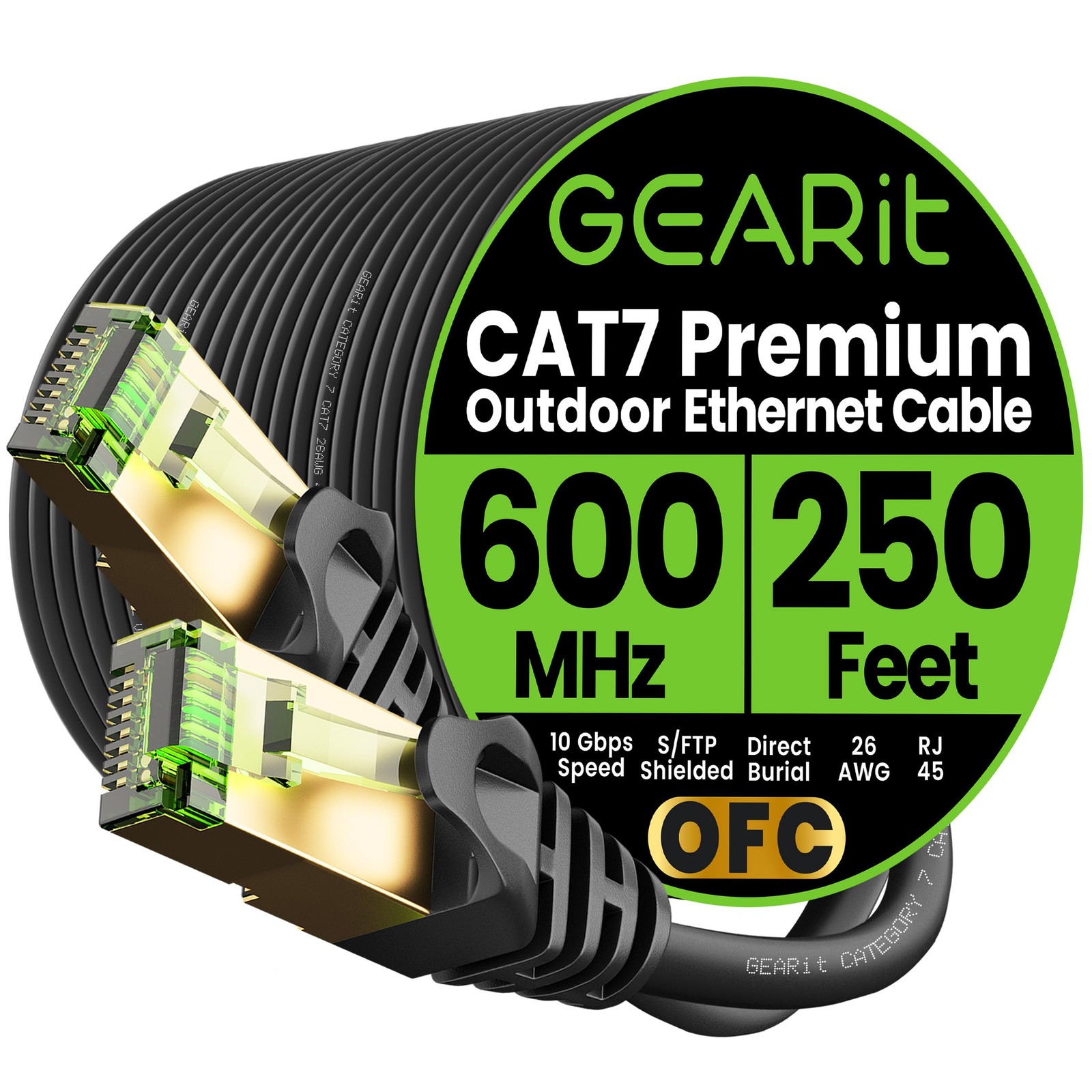 250Ft Cat7 Outdoor Ethernet Cable - Waterproof, Direct Burial, Pure Copper
