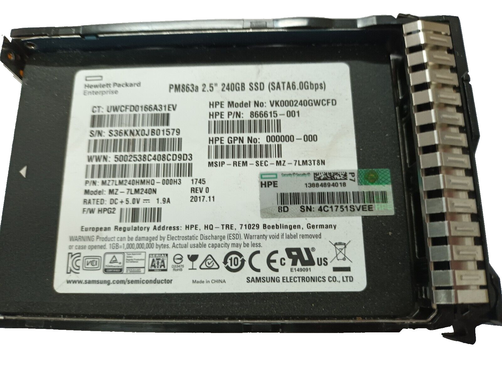HP 240gb SSD 6G SATA DS 2.5in SFF PM863A 866615-001 868924-001 HPE VK000240GWCFD
