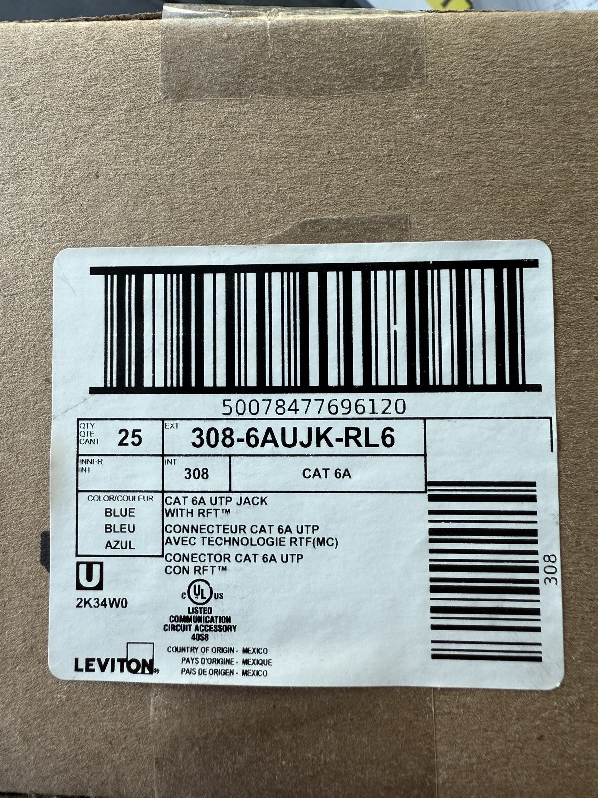 25/Box Leviton Cat 6A JACK  308-6AUJK-RL6 RJ6 BLUE 10 Gigabit Keystone