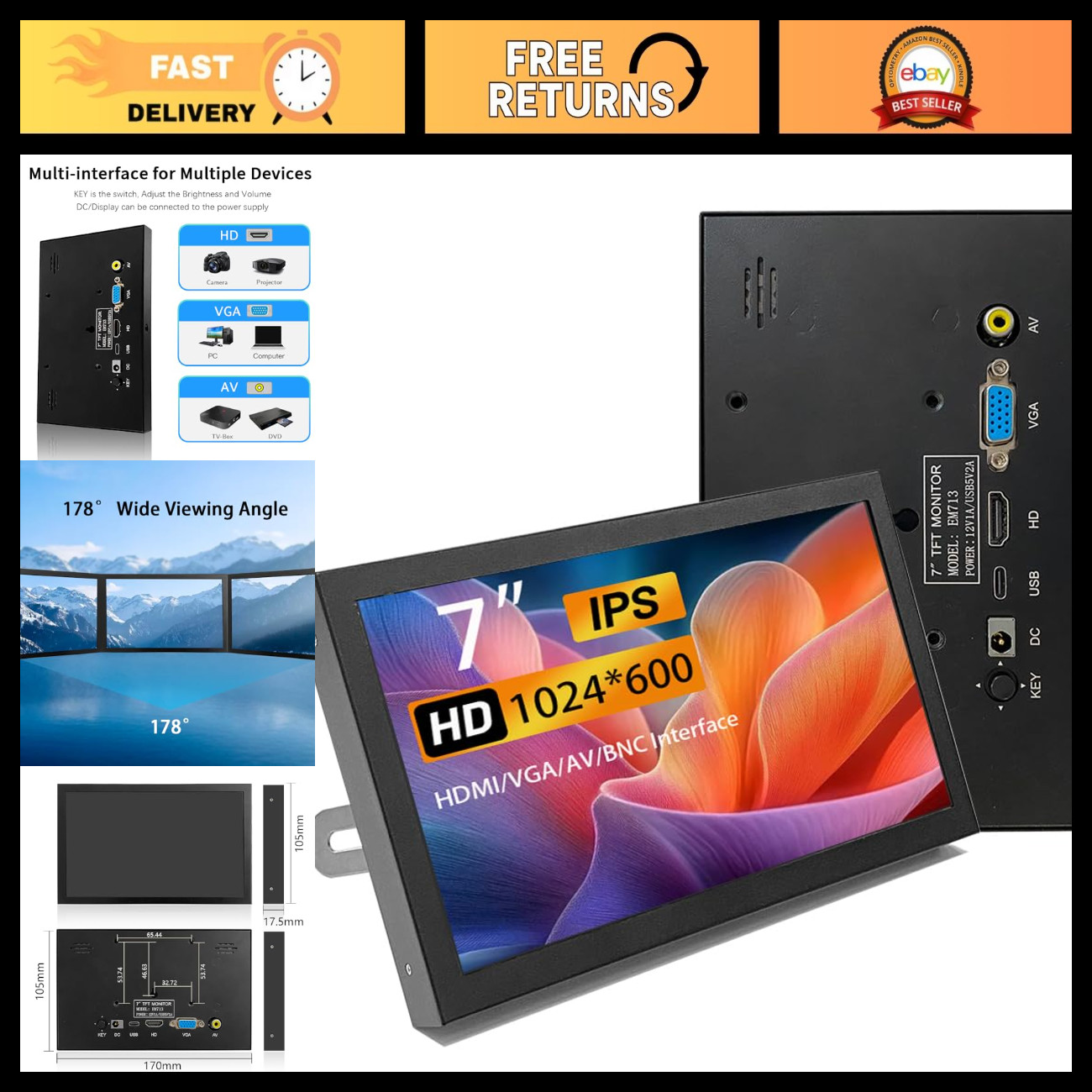 7" HD Mini Monitor, Portable HDMI VGA AV BNC 1024x600 LCD, IPS Display, Built-in