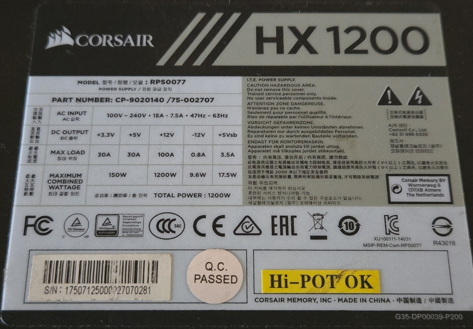 Corsair HX1200 1200W ATX Modular PSU CP-9020140 24-Pin 6+2 PCIe