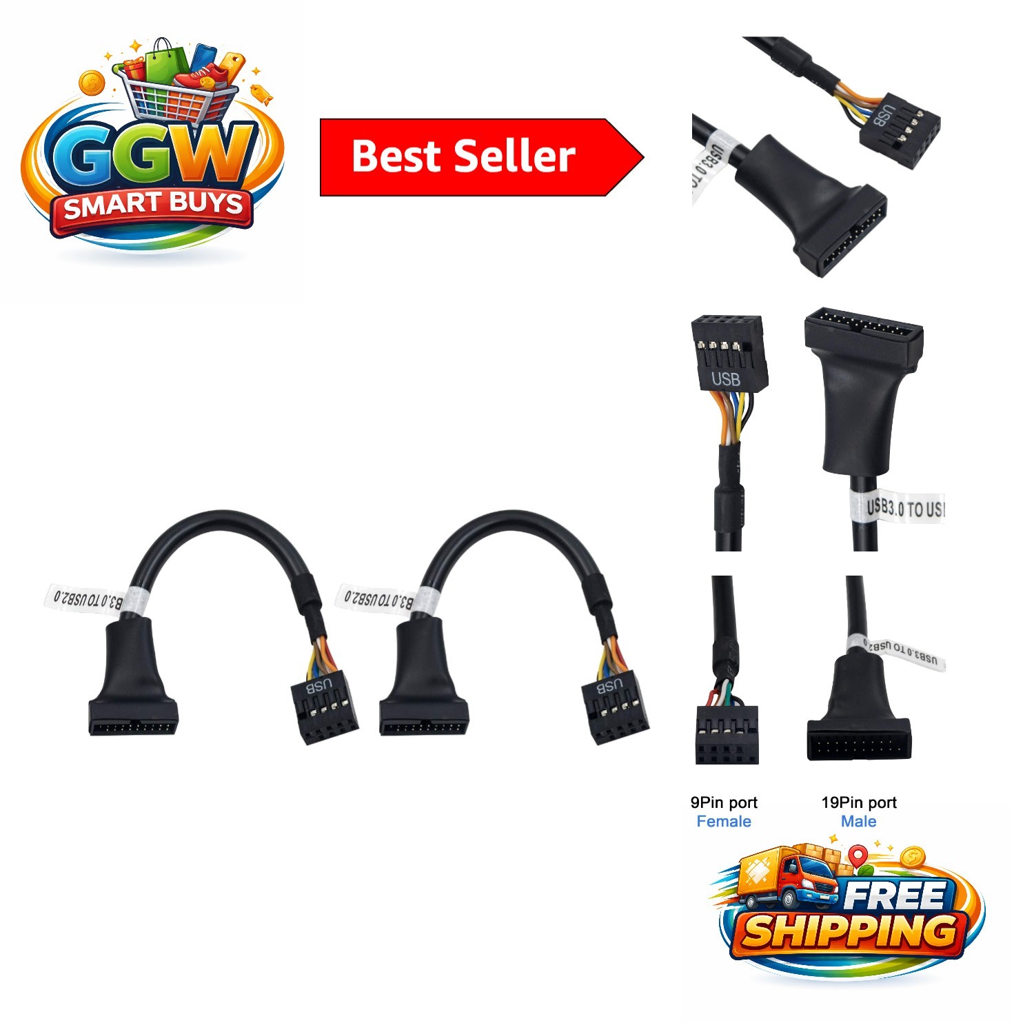 Durable USB 3.0 to USB 2.0 Motherboard Cable - 6 inch 2-Pack for Fast Transfers