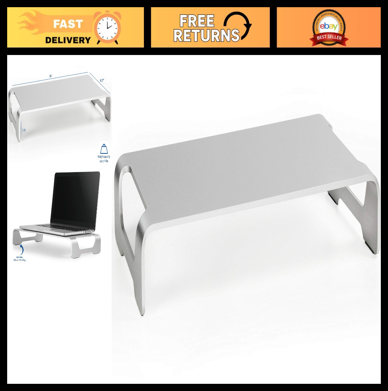 16" Wide Aluminum Monitor Riser Stand - Ergonomic Desktop Organizer, Silver Fini