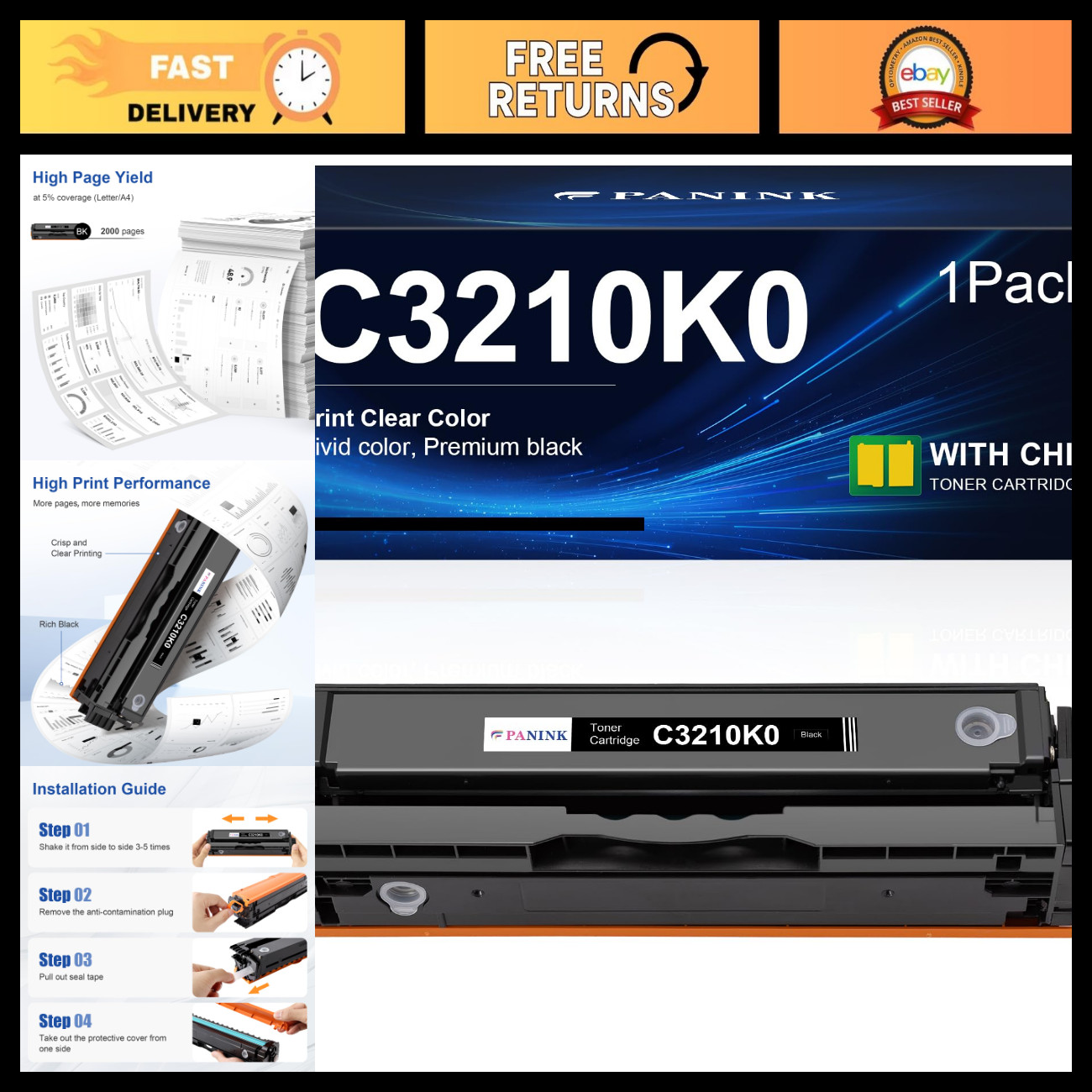 High-Yield Black Toner Cartridge Replacement for Lexmark C3210, 1 Pack