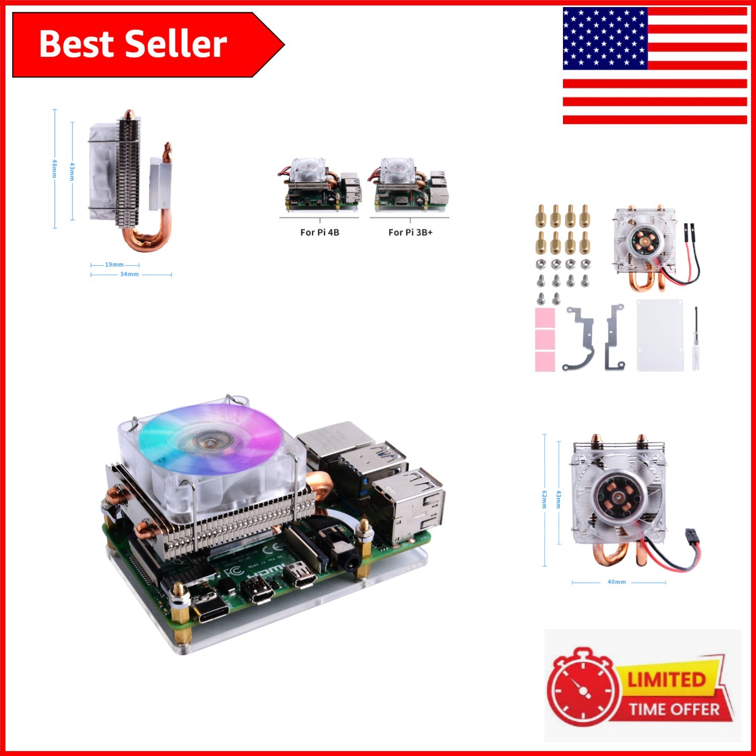 Ultra-Quiet Low-Profile CPU Cooler with RGB Fan for Raspberry Pi Devices