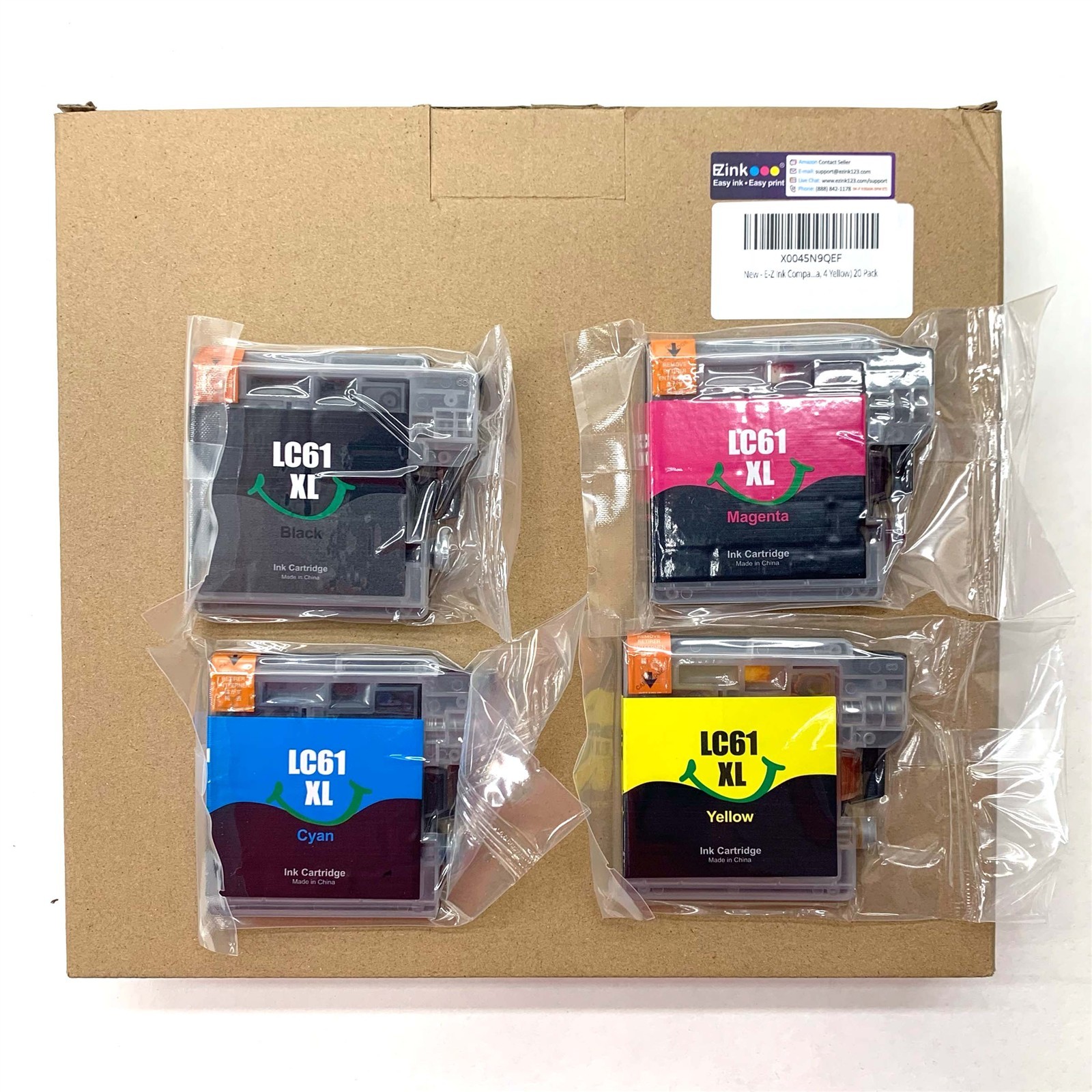 EZInk Brother Printer Ink Cartridge LC61XL 8*Blck 4*Cyn/Yllw/Mgnta Sealed 20 pk
