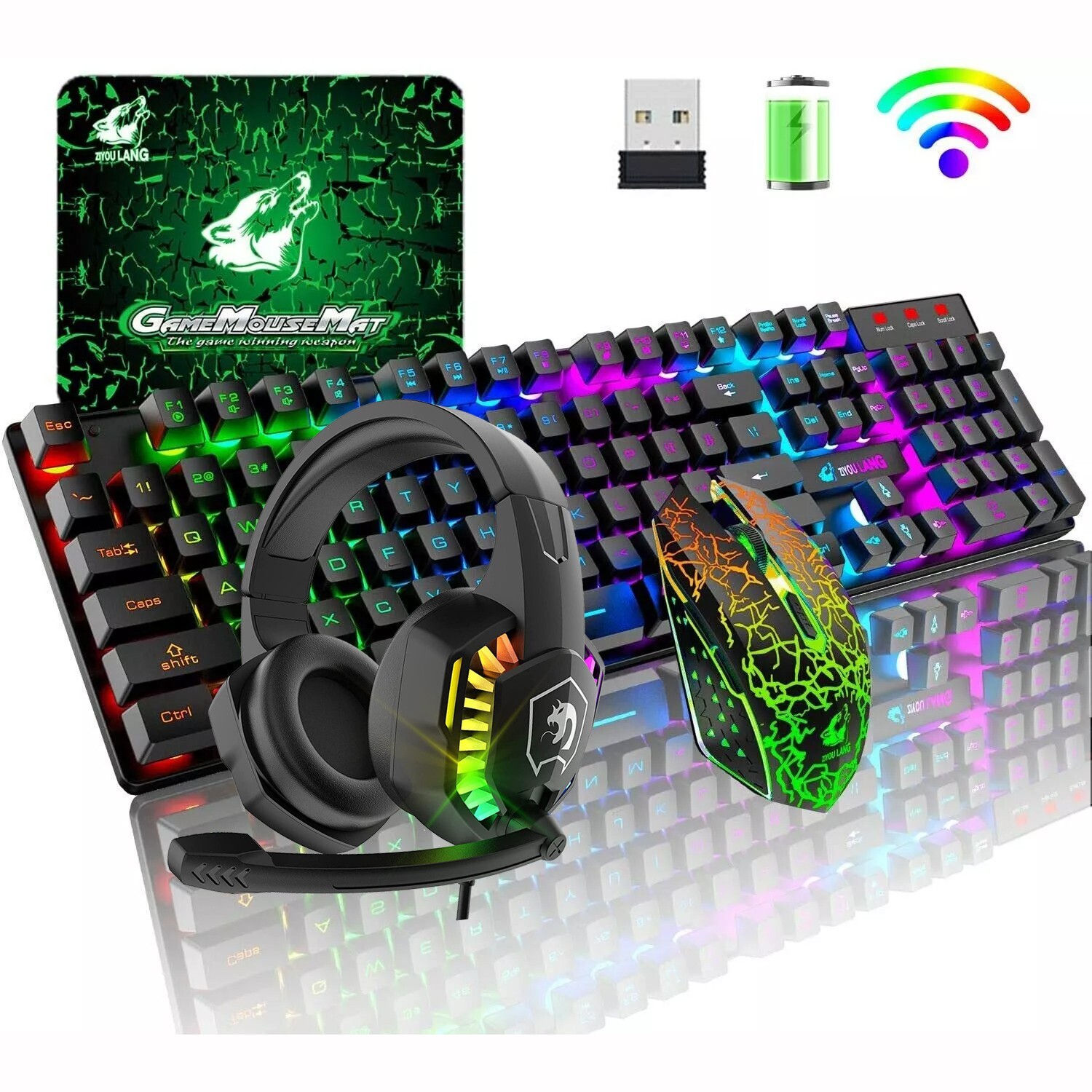 Gaming Keyboard Mouse and Headset Gaming Mouse Pad Wireless For PC Mac PS4 Xbox