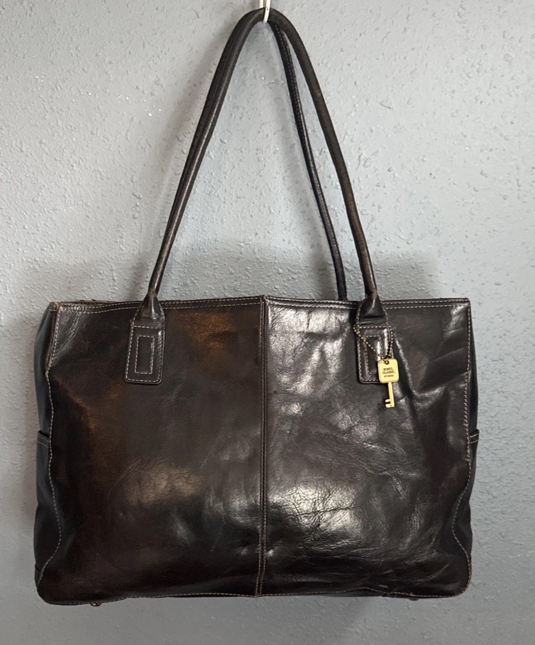 Fossil Black Leather Briefcase Padded Laptop Computer Bag Double Shoulder Strap