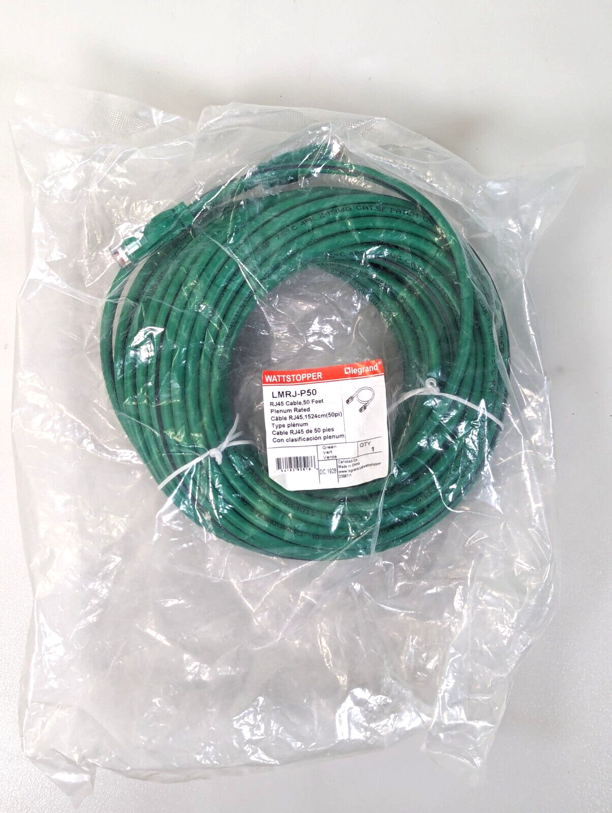 Wattstopper LMRJ-P50 RJ45 Cable 50 Feet Plenum Rated Green Legrand