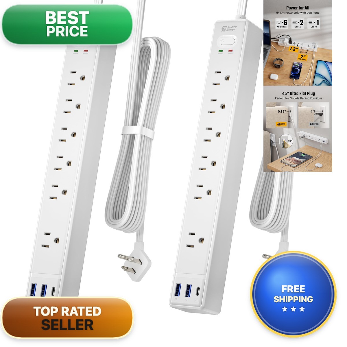 2 Pack Flat Plug Surge Protector Power Strip 6Ft Ultra Thin Extension Cord 3