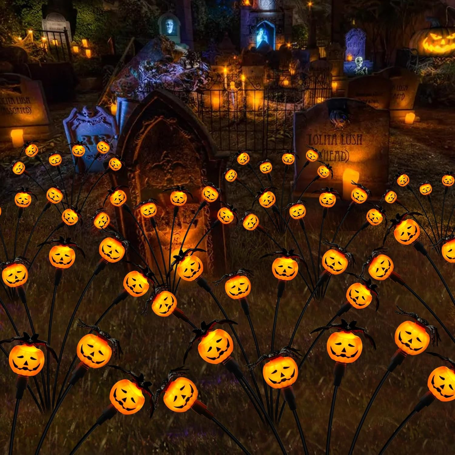 Halloween Decorations Outdoor 2 Pack Solar Lights, 12 LED Scary Pumpkin Swaying