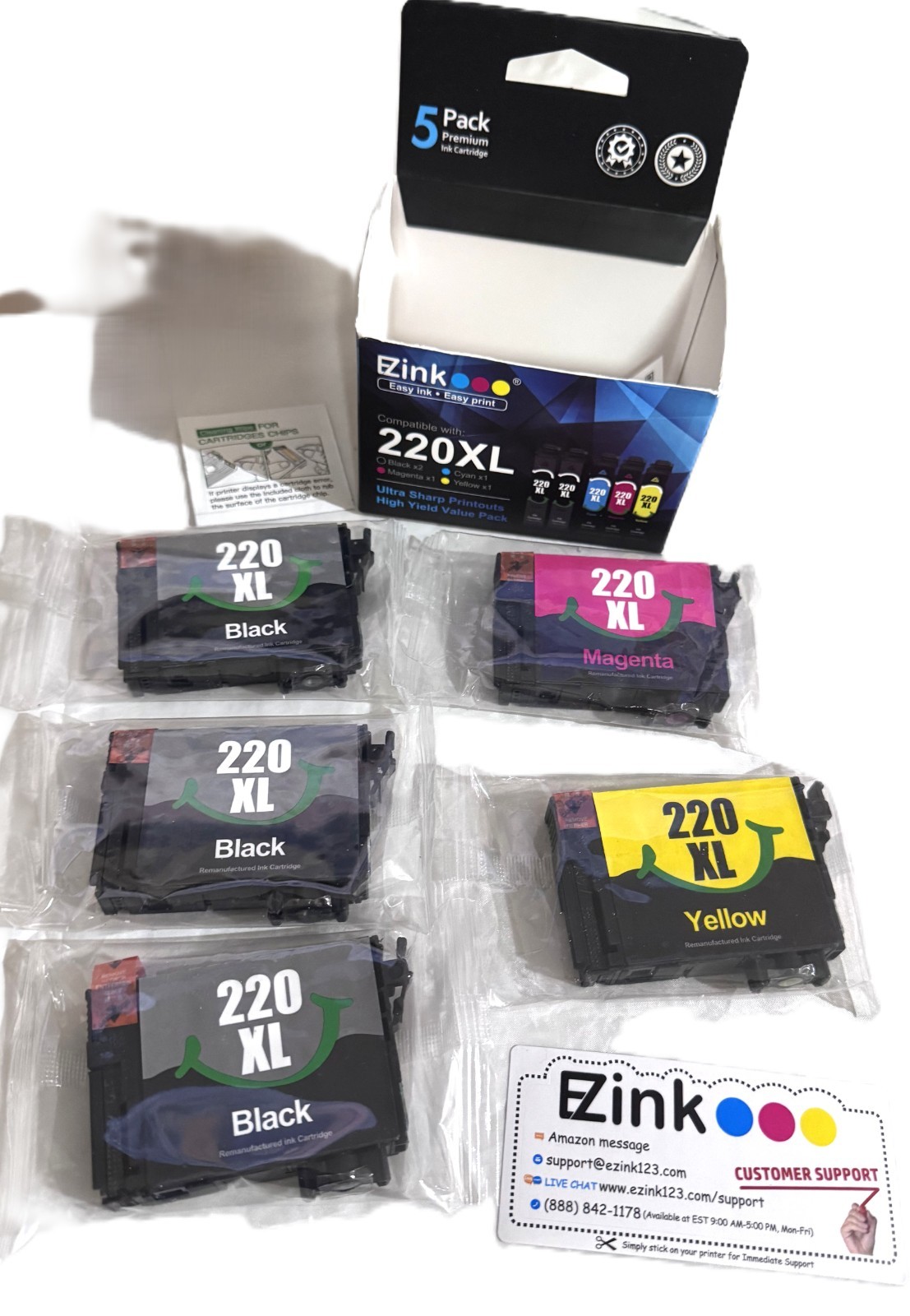 220XL Ink Cartridges EZINK 5 PACK 3X BLACK 1 YELLOW 1 MAGENTA * Open Box Sealed