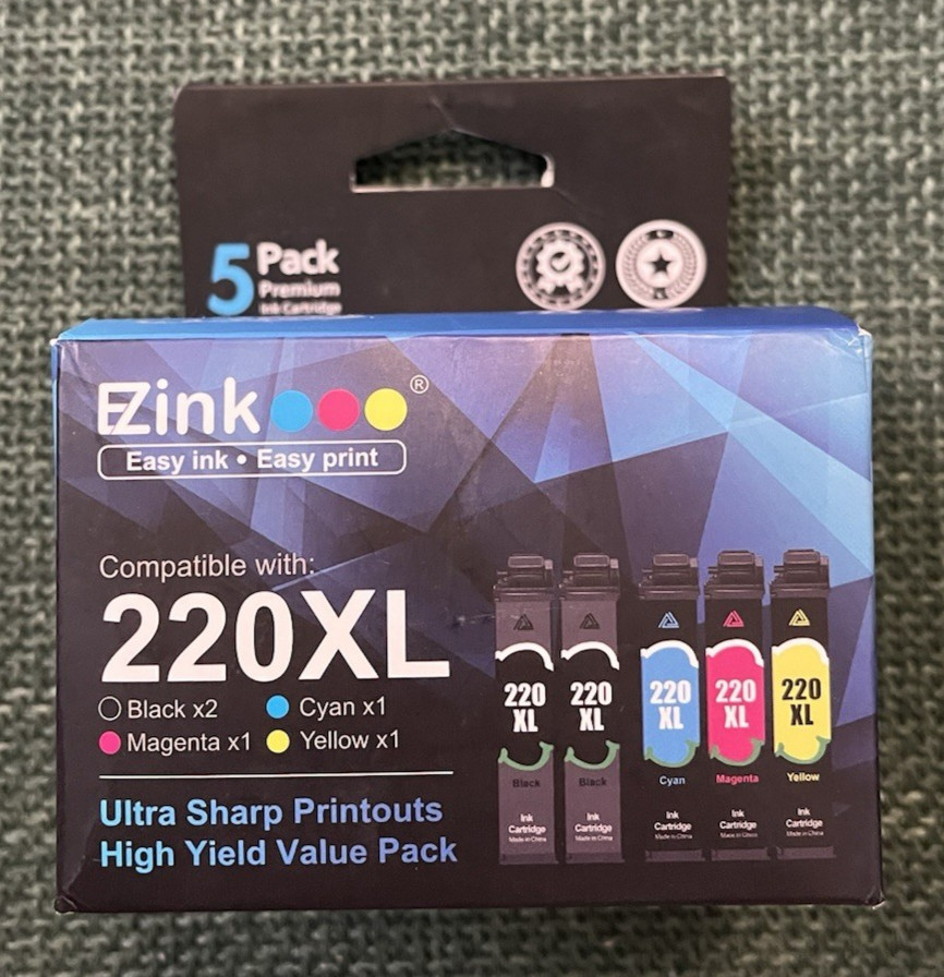 EZink 220XL 5 Pack Printer Ink - Black (2), Cyan , Magenta, Yellow. Box open.