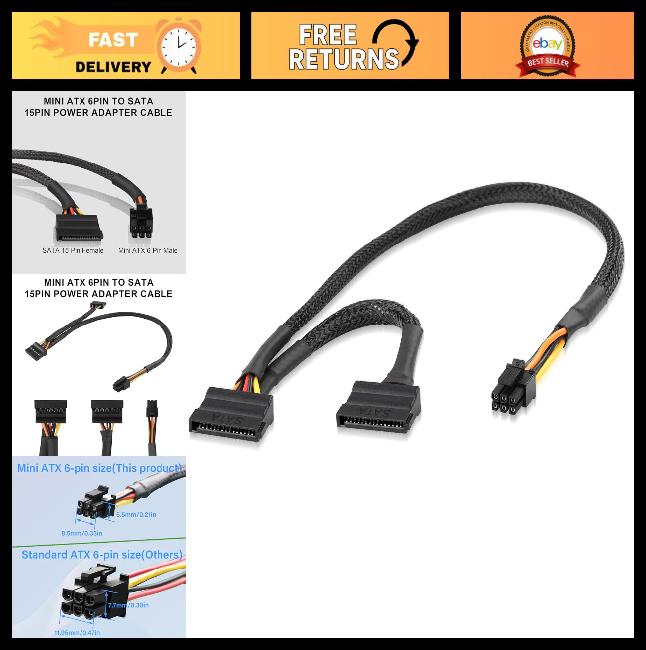 6-Pin to SATA 15-Pin Adapter Cable for HDD/SSD/Optical Drive - 45cm + 15cm