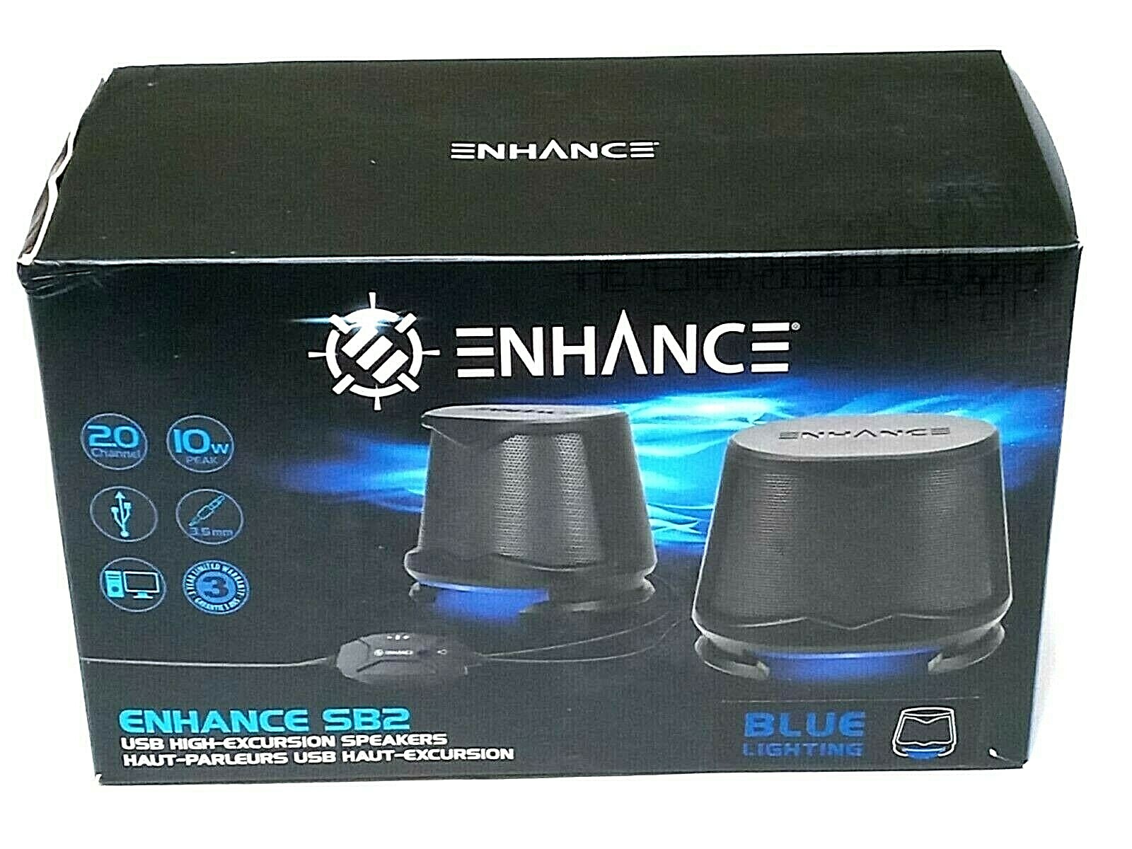 Enhanced SB2 Computer Speakers USB Powered Blue LED Glow Lights 10W Peak Sound