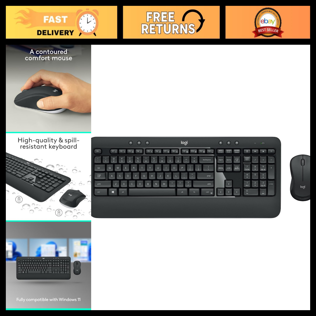 Wireless Full Size Keyboard and Mouse Combo - Advanced Ergonomic Design, USB Con
