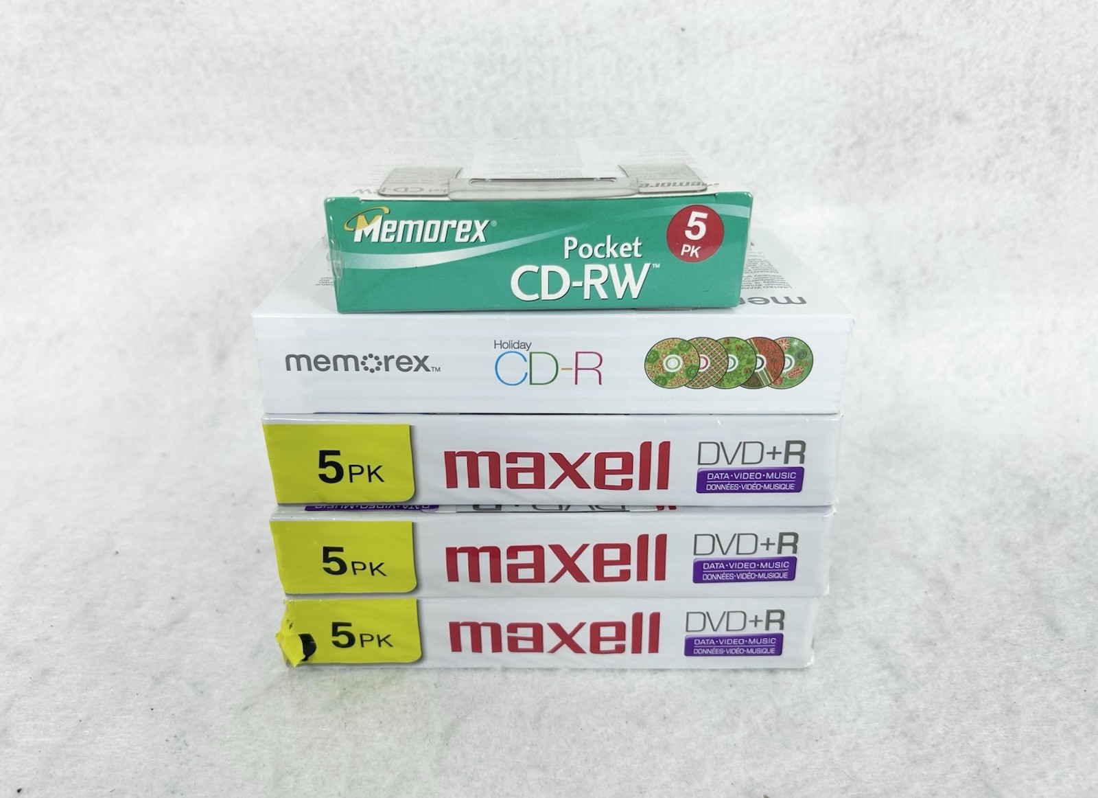 Blank Media Lot Of 5 Memorex CD-RW CD-R Pack Maxell DVD+R 5 Packs Factory Sealed