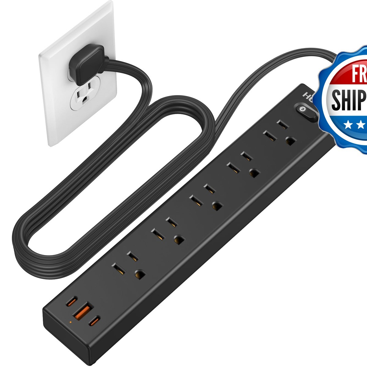 HOPOW QV560-CU 6FT 1700J Surge Protector Power Strip 5AC 1A2C Flat Plug