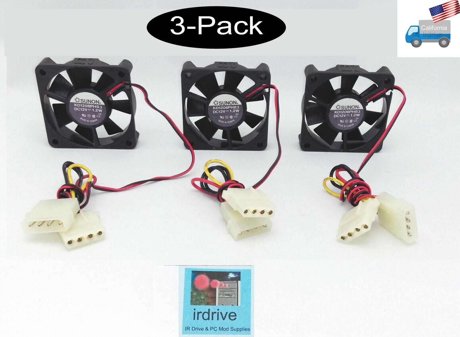 3-pack Genuine Sunon KD1206PHB3 PC CPU/Case 60mm x 15mm Cooling Fans, 4pin Molex