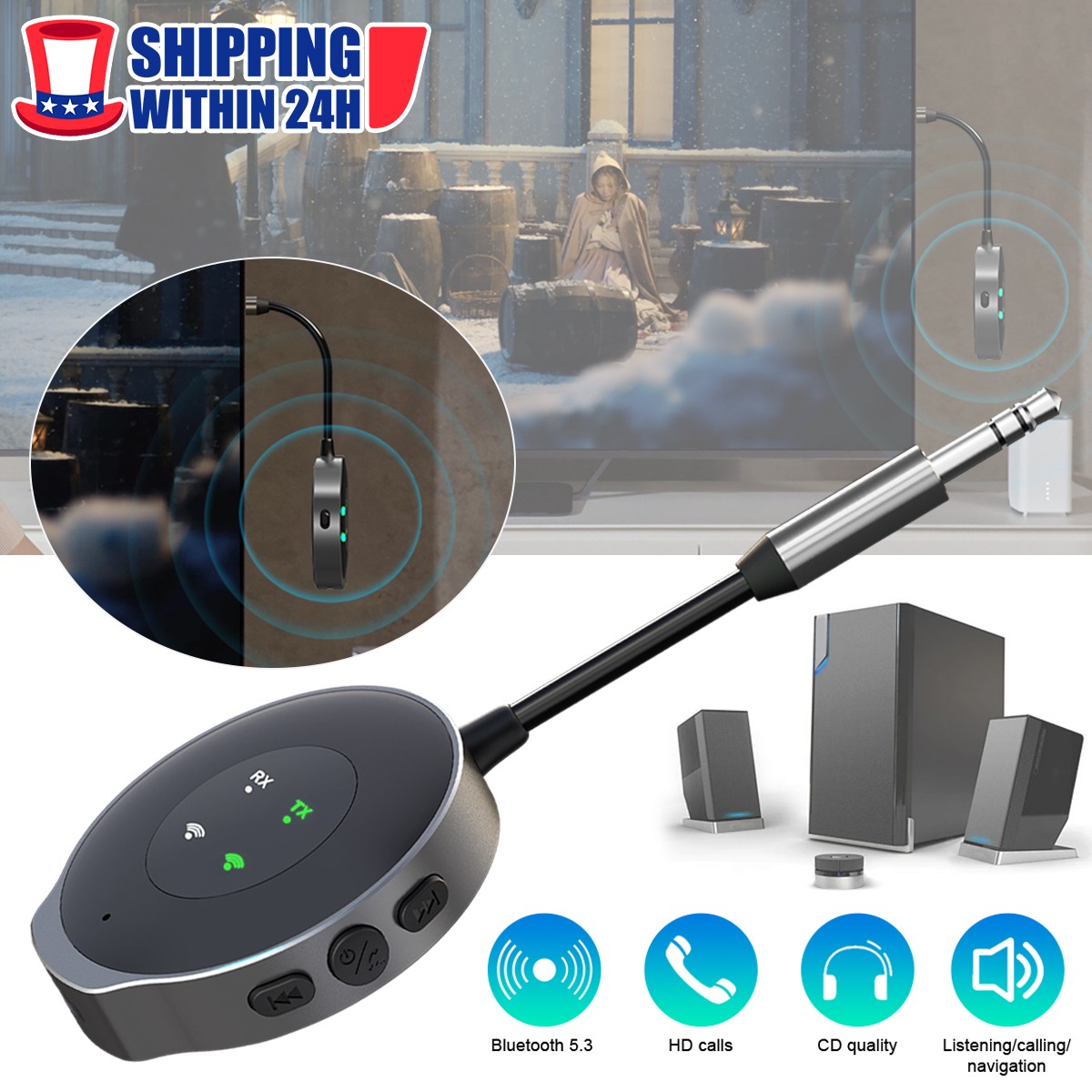 Bluetooth Audio Adapter Tx Rx 5.3 AUX for Non-Bluetooth Devices US Stock