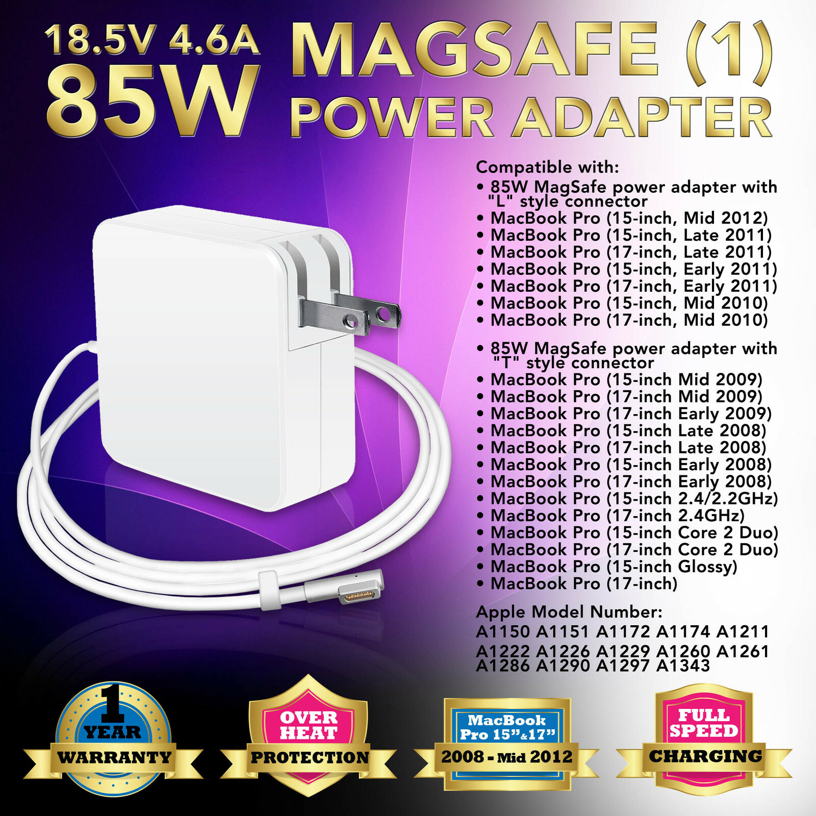85W Power Adapter Charger For Apple MacBook Pro 15" 17" A1260 A1261 A1286 2011