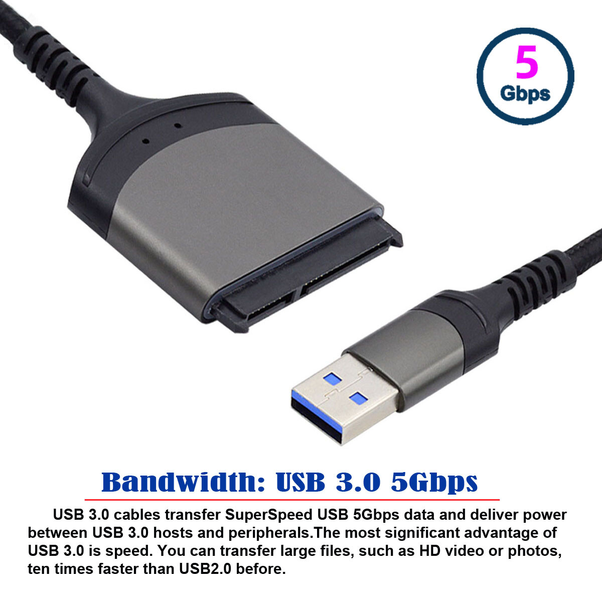 Cablecy  SSD SATA 22 Pin Cable for 2.5" Hard Disk Driver 5Gbps USB 3.0 Type-A to